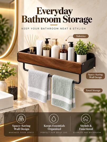 1pc, 2 Styles Available, Single Layer Shelf Style, Single Layer With Towel Bar Style, 19.69"L X 5.12"D, No-Drill Installation, Walnut Color Shelf, Black Bracket, Bathroom Wall-Mounted Shelf, Modern Minimalist Style, Walnut Wood Grain Appearance, Black And Brown Contrast Design, Rectangular Open Shelf, Bottom Hanging Towel Bar, Edge Guard Design, Toiletries Storage, Aromatherapy Bottle Storage, Skincare Product Storage