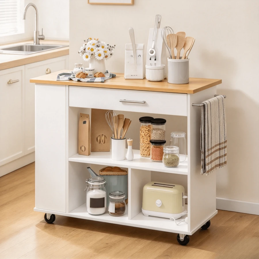 1 Pieza Isla de Cocinaóvil con Ruedas, Carrito de Cocina con Almacenamiento, 1 Cajón, 3 Estantes Abiertos y Estante de Especias Lateral, Diseño Moderno en Blanco para Cocina y Comedor - Albaricoque - Ver 1