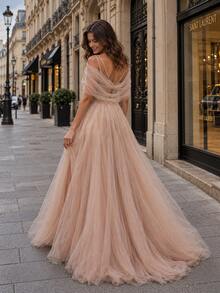 VIPGIRL Luxury Champagne Deep V-Neck High Slit Long Layered Sheer Tie-Back Formal Dress Fall Elegant Party Wedding - Champagne - View 5