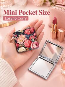 1pc Y2K Floral Portable Makeup Mirror, Double-Sided Folding Pocket Mirror With Magnification, Vintage Floral Print Portable Vanity Mirror, Suitable For Handbag And Travel, Mini Handheld Makeup Mirror For Touch-Ups, Vintage Pocket Mirror Beauty Accessory - Multicolor - View 4