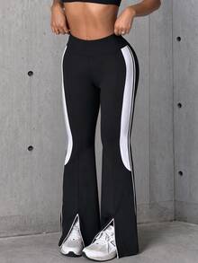 Hidkat Women's Solid Color Patchwork High Waist Elastic Yoga Casual Split Leg Sports Knit Long Pants - Black and White - View 5