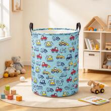 1pc Cartoon Washing Machine Print Storage Basket, Foldable Laundry Basket With Handle, Suitable For Clothes And Miscellaneous Items Multi-Functional Storage, Home Decor, Room Decor, Bedroom Decor - Blue - View 5
