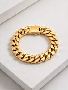 1pc Stylish 13mm Wide Stainless Steel Shiny Chain Bracelet, Great Birthday Gift For Men - Yellow Gold - View 2
