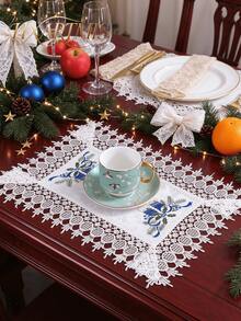 2/4/6pcs Christmas White & Blue Embroidered Placemats, Polyester Fiber Rectangular Table Mats, Suitable For Dining Table, Coffee Table, Tea Table, Daily Home Decor, Vase Mat, Wedding, Christmas, Holiday Party, Home Decoration - Blue - View 1