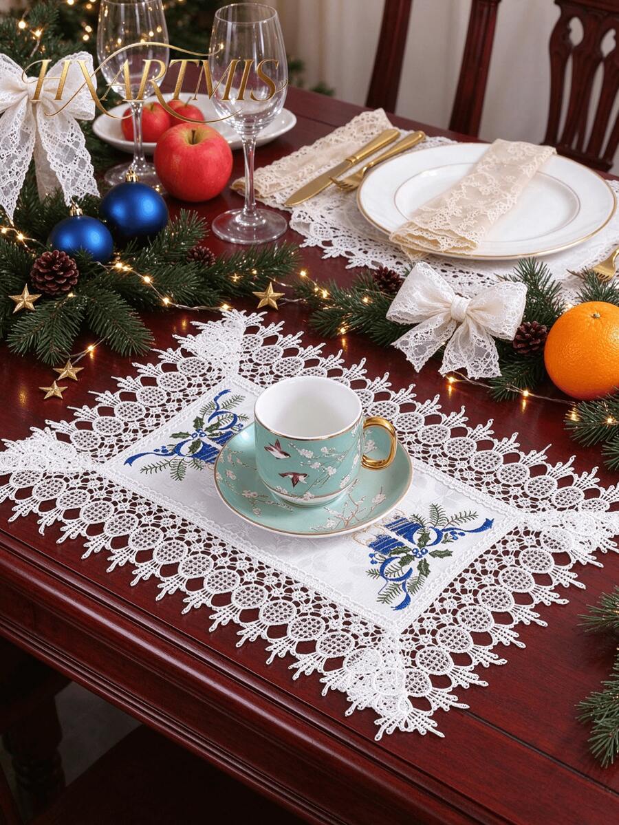 2/4/6pcs Christmas White & Blue Embroidered Placemats, Polyester Fiber Rectangular Table Mats, Suitable For Dining Table, Coffee Table, Tea Table, Daily Home Decor, Vase Mat, Wedding, Christmas, Holiday Party, Home Decoration - Blue - View 1