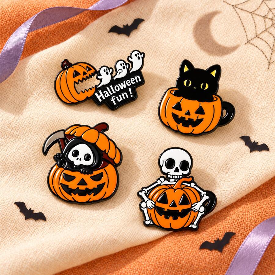 4 Pcs/Set Halloween Pumpkin Enamel Pin Color Blocking Fashion Decorative Badge Ornaments Lapel Bag Badges Gifts - Multicolor - View 1