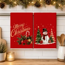 2pcs/Set, White & Red Color Scheme, Christmas Snowman & Puppy Kitchen Towels, Hand Towels, Christmas Towel Set, Christmas Holiday Gift, Absorbent Soft Cleaning Cloth, Tea Towel, Hand Towel, Cooking & Baking Tea Towel, Cleaning Cloth, Dish Cloth, Kitchen Decor, Living Room Decor, Kitchen Essential, Home Essential - Red - View 2