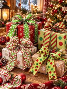 4/2/1pc Red & Green Christmas Ribbon, Christmas Gift Wrapping Ribbon, Holiday Packaging Ribbon, Christmas Party, Holiday Decoration Ribbon, Christmas Tree Ribbon, Handmade Bow DIY Accessories, Christmas Gift Wrapping Ribbon With Shiny Stripes And Polka Dot Pattern, Suitable For Christmas Gift Wrapping, Christmas Holiday Wreath Decoration, Christmas Party Decoration, Holiday Wreath, Bow Decoration And More - Multicolor - View 2