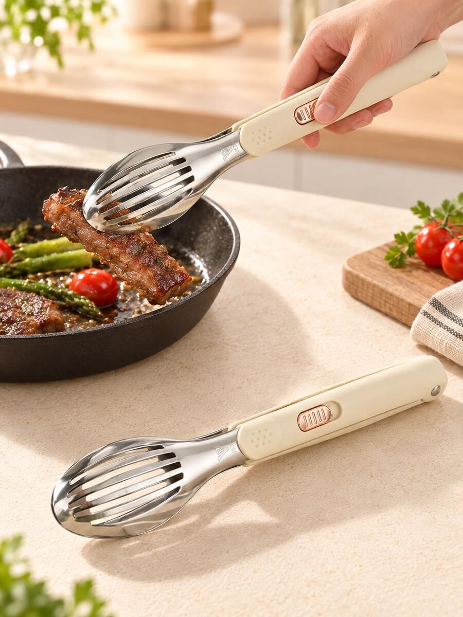 1pc Stainless Steel Multi-Function Food Tongs With Sliding Lock, Non-Slip Heat-Resistant Handle, Slotted Spatula And Turner, Suitable For Steak, Burger, BBQ, Grilling, Frying, Pancake, Bread, Salad And Serving, Cream Color Kitchen Cooking Utensil, Suitable For Daily Meal Preparation