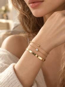 Multi-Piece Set European And American Style Stainless Steel Open Adjustable Zirconia Women's Teardrop Bracelet - Gold - View 2