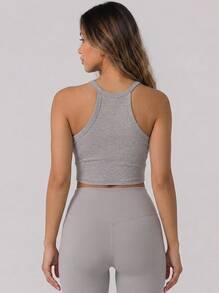 Never me Women's Sports Tank Top, Racerback Cropped Midriff Top With Built-In Pads For Yoga And Fitness - Grey - View 2