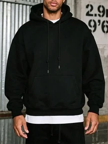 Men's Classic Solid Color Hooded Sweatshirt, Autumn/Winter Outfit Hoodie - Black - View 3