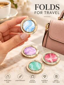 Elegant Round Marble-Pattern Design With Glossy Metal Details, Portable Foldable Metal Tabletop Schoolbag Hook For Students, Handbag Hanger And Bag Hanging Accessory For Classroom Desks, Cafes, Offices, Travel And Birthday Gifts, Key Holder. - Multicolor - View 8