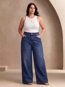 Plus Size High Waist Loose Straight Leg Jeans For Women, Fall/Winter Non-Stretch Casual Washed Denim Pants Boyfriend Fit For A Vintage Y2K Look - Blue - View 4