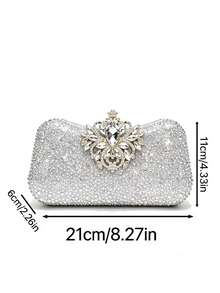 Women's Rhinestone Evening Clutch, Rectangular Hard Shell Bag With Rhinestone Embellishments, Luxurious Floral Crystal Clasp, Suitable For Balls, Banquets And Weddings - Silver - View 3