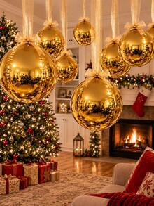 12Pcs Oversized Gold Christmas Ball Decorations, Metallic Hanging Ornament Set With Long Ribbon & Glue Dots, Giant Ceiling Baubles For Xmas Party, Wedding, Home & Holiday Decor - Set a - View 7