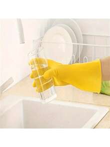 1 Pair Durable Yellow Rubber Household Cleaning Gloves, Waterproof Dishwashing Gloves, Non-Slip Kitchen Gloves, Reusable And Hand Protection, Suitable For Cleaning, Gardening And Multi-Purpose Use - Rubber Gloves - View 9