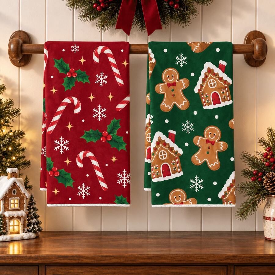 2pcs/Set, 18x26in Christmas Snowman Pattern Towel Set, Quick-Drying Kitchen Cleaning Cloth, Soft Absorbent Towel Set, Kitchen Decor, Home Decor, Christmas Decoration, Christmas Gift For Friends. - Green - View 1