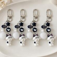 1 Set 4pcs Women's New Korean Style Cute Cartoon Cat Keychain With Fur Ball, Star Beads, Phone Charm, Backpack Pendant, Couple & Best Friend Gift - Multicolor - View 1
