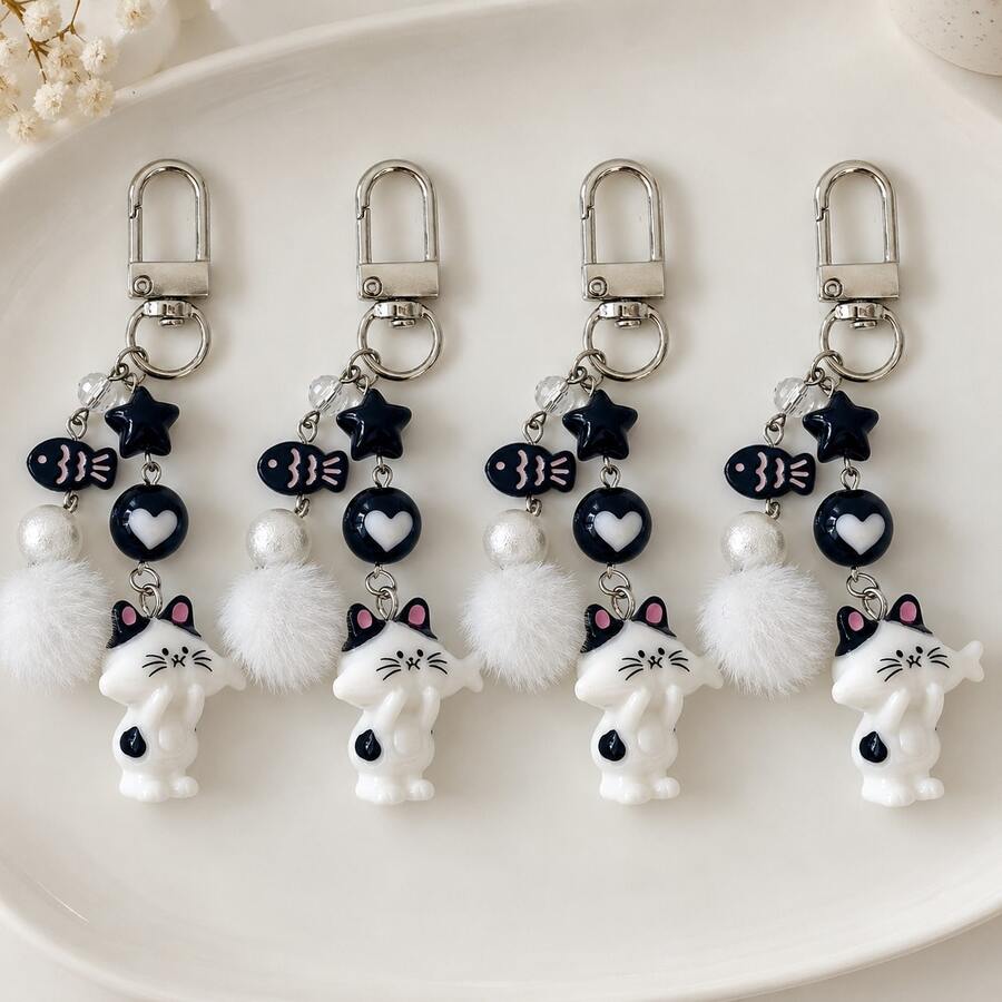 1 Set 4pcs Women's New Korean Style Cute Cartoon Cat Keychain With Fur Ball, Star Beads, Phone Charm, Backpack Pendant, Couple & Best Friend Gift - Multicolor - View 1