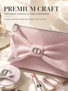 Dior Pink Bow Luxury Makeup Bag, Metal Buckle Fabric Cosmetic Organizer - Pink Bow Makeup Bag - View 2