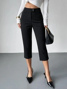 Women's High Waist Single Button Capri Pants, Slim Fit Short Pants, Elegant Commute Office Pants - Black - View 1