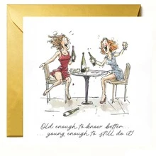 1pc Square Funny Best Friend Birthday Greeting Card, Cartoon Ladies Drinking Wine Design Card, Old Enough To Know Better Young Enough To Still Do It Quote Card For BFF Birthday Party Gift Large Thick Envelopes & Cards - Multicolor - View 7