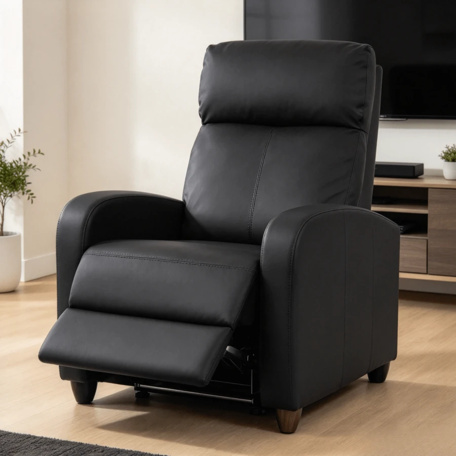 1 Pieza Silla Reclinable de Piel Sintética Negra, Sillón Individual con Respaldo Acolchado, Soporte Lumbar y Reposabrazos Empotrables, Diseño Ergonómico de 2 Posiciones para Sala de Estar, Oficina y Cine en Casa - Negro - Ver 1