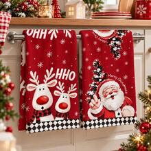 2件組聖誕廚房手巾，聖誕老人馴鹿雪花印花毛巾，紅色節日廚房裝飾，冬季家居裝飾，聖誕派對禮品套組 - 彩色 - 查看 2