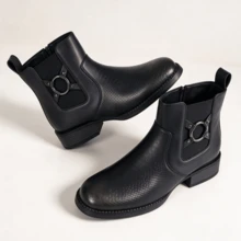 Men's Retro Metal Buckle Decor Short Chelsea Boots, Autumn/Winter Chunky Heel Thick Sole Cargo Style Style Side Zipper Elastic Shaft Casual Fashion Boots - Black - View 2