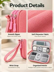 Minimalist Polyester Double-Layer Electronic Organizer Bag, Multi-Compartment Mesh Pockets, Dual Zippers And Wrist Strap, Suitable For Cables, Chargers, Phones, Hard Drives, USB-C Storage, Travel, Business Trips, Office, Commuting, Vacation, Holiday Gifts - Multicolor - View 8