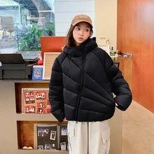 Women's Solid Color Long Sleeve Zip-Up Hooded Winter Padded Coat - Black - View 5