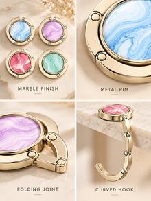 Elegant Round Marble-Pattern Design With Glossy Metal Details, Portable Foldable Metal Tabletop Schoolbag Hook For Students, Handbag Hanger And Bag Hanging Accessory For Classroom Desks, Cafes, Offices, Travel And Birthday Gifts, Key Holder. - Multicolor - View 9