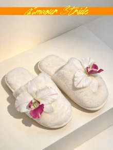 Women's Ivory Fluffy 3D Orchid Slippers, Comfortable Plush Closed-Toe House Slippers, Soft Faux Fur Indoor Bedroom Slippers Durable - Beige - View 4