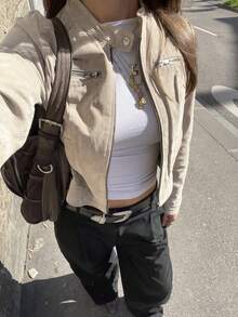 Women's Stand Collar Faux Suede Fabric Multi-Zipper Short Jacket - Khaki - View 1