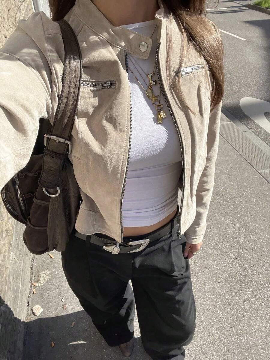 Women's Stand Collar Faux Suede Fabric Multi-Zipper Short Jacket - Khaki - View 1