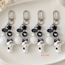 1 Set 4pcs Women's New Korean Style Cute Cartoon Cat Keychain With Fur Ball, Star Beads, Phone Charm, Backpack Pendant, Couple & Best Friend Gift - Multicolor - View 2