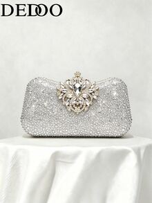 Women's Rhinestone Evening Clutch, Rectangular Hard Shell Bag With Rhinestone Embellishments, Luxurious Floral Crystal Clasp, Suitable For Balls, Banquets And Weddings - Silver - View 5