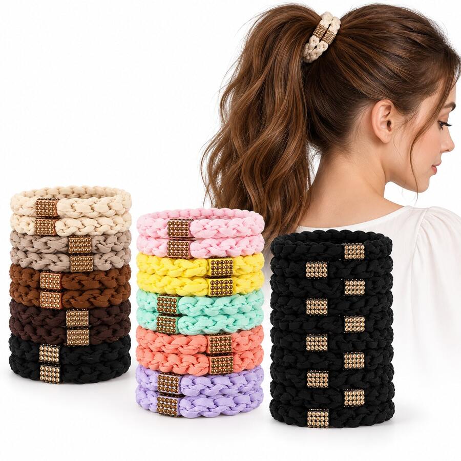 10pcs Woven Rhinestone Hair Ties, Cute Elastic Hair Accessories, Women's Ponytail Hair Bands