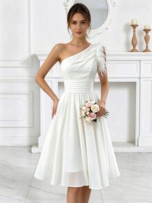 Women's Wedding Bride Gift Party Dress, Chiffon Shoulder Design Party Evening Gown, Feather Cocktail Party Dress, School Formal Dress White Fall - White - View 3
