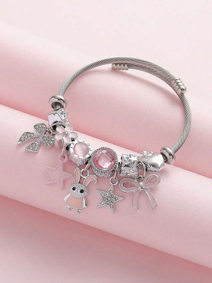 1pc Lovely Rabbit Pendant Strand Beaded Charm Bracelet, Sweet Girls DIY Removable Beads Fashion Hand Jewelry - Multicolor - View 1