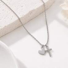 1pc Simple Cross Heart Pendant Golden Stainless Steel Chain Necklace For Women - necklace - View 4