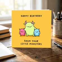 1pc Square Cute Cartoon Monster Birthday Greeting Card, Yellow Background Three Little Monsters Design Card, Happy Birthday From Your Little Monsters Quote Card For Parents Kids Family Birthday Gift Large Thick Envelopes & Cards - Multicolor - View 3