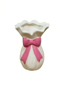 1pc White Vase With Red Bow, Elegant Wavy Edge Vase, Modern Decorative Centerpiece, Suitable For Vanity And Dining Table, Housewarming Gift, Wavy Edge Vase, Home Center Decor, Vanity Decor, Housewarming Gift - Multicolor - View 12
