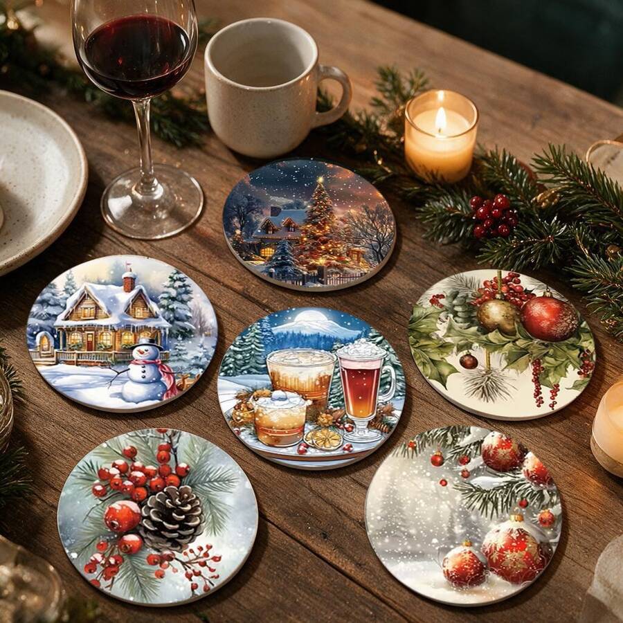 聖誕快樂復古冬季聖誕風景杯墊,雪景小屋松果聖誕球防滑杯墊,聖誕桌面裝飾,節日派對居家廚房飾品,聖誕小禮物 - PET杯墊LDX2920 - 查看 1