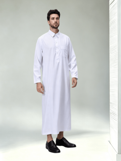 1pc Men's Traditional Arabic Long Robe, Black And White Collar With Pocket Design, Soft And Skin-Friendly Fabric, Blending Elegant Islamic And Moroccan Styles, Suitable For Eid Al-Adha, Ramadan, Eid Al-Fitr, Weddings And Daily Occasions