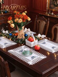 2/4/6pcs Christmas White & Blue Embroidered Placemats, Polyester Fiber Rectangular Table Mats, Suitable For Dining Table, Coffee Table, Tea Table, Daily Home Decor, Vase Mat, Wedding, Christmas, Holiday Party, Home Decoration - Blue - View 2