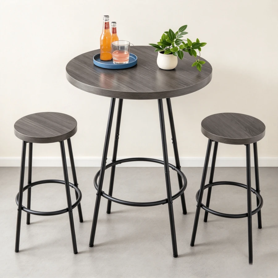Juego de Comedor de 3 Piezas, Mesa Redonda de Altura de Mostrador de 24.5 Pulgadas con 2 Taburetes Altos, Diseño Minimalista de MDF y Marco de Metal, para Cocina, Desayuno, Apartamento y Espacios Pequeños - Gris Oscuro - Ver 1
