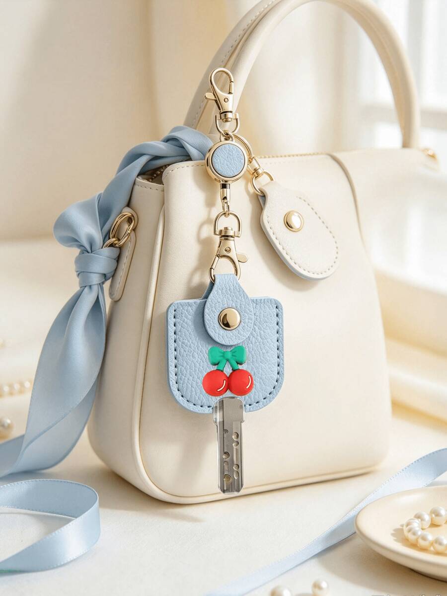 Fresh Cherry Decor Portable Key Pouch, Top Grain Leather Texture Home Key Case, Unisex Anti-Loss Key Organizer Bag, With Retractable Hook For Easy Carrying, Compact And Exquisite Design, Easily Store Home Keys, Sturdy Metal Buckle Not Easily Detached, Cute And Sweet Style, Practical For Daily Use - Multicolor - View 1