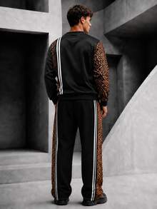 Krometka Men's Black Leopard Print Patchwork Sports Set, Side White Stripes, Chest Print Logo, Casual Two Pieces Set, Versatile For Autumn/Winter - Black - View 2